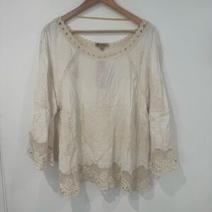NWT Democracy Women's Cream Laced 3/4 Sleeve Blouse Size L Bohemian  Fairy core